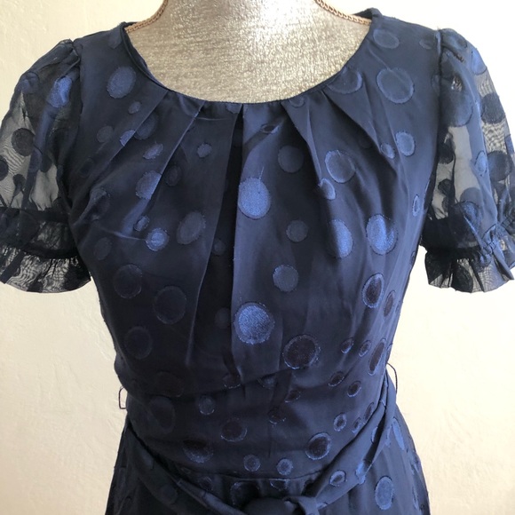 NY Collection see through size PM dark blue short sleeves belt prom dress - Picture 3 of 13